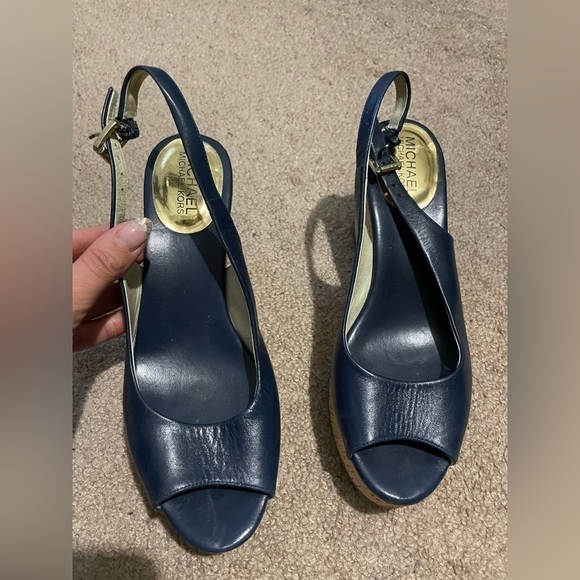 Michael by Michael Kors Navy Blue peep toe sling back wedges size 8M - Picture 3 of 9